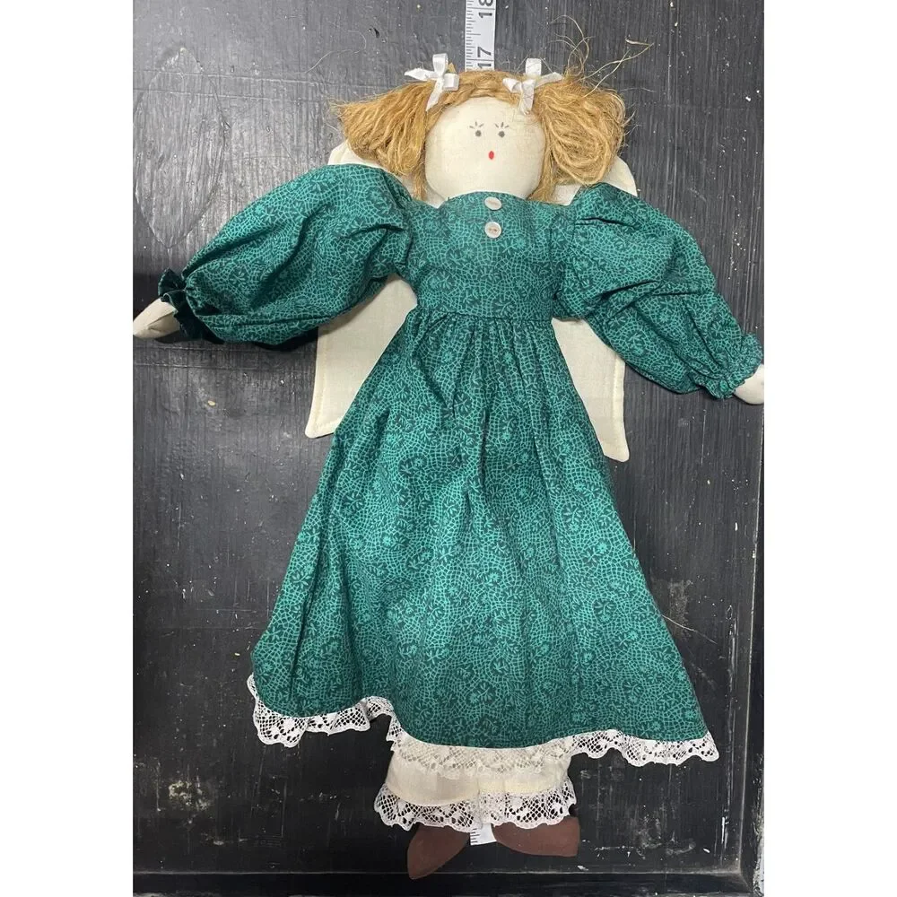 Vintage Folk Art Cloth Angel Doll Green Floral Dress Primitive Country Decor